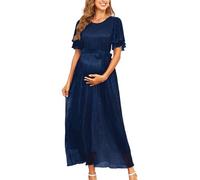 AISWI 2025 Umstandskleid mit glitzerndem Netzstoff, fließendes Maxikleid mit Gürtel, Rüschenärmel, langes Kleid, Babyparty, Fotoshooting, formell, Marineblau, Klein