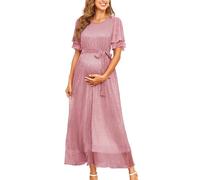 AISWI 2025 Umstandskleid mit glitzerndem Netzstoff, fließendes Maxikleid mit Gürtel, Rüschenärmel, langes Kleid, Babyparty, Fotoshooting, formell, Groß