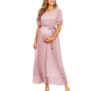 AISWI 2025 Umstandskleid mit glitzerndem Netzstoff, fließendes Maxikleid mit Gürtel, Rüschenärmel, langes Kleid, Babyparty, Fotoshooting, formell, Helles Pink, Groß
