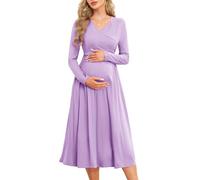 AISWI Damen 2024 Herbst Patchwork Umstandskleid Stillkleid mit Taschen Langarm V-Ausschnitt Kleidung Midi Schwangerschaftskleider, Einfarbig, Violett, Klein