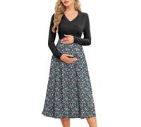 AISWI Damen 2024 Herbst Patchwork Umstandskleid Stillkleid mit Taschen Langarm V-Ausschnitt Kleidung Midi Schwangerschaftskleider, Schwarz, kleines Blumenmuster, X-Groß