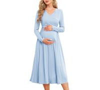 AISWI Damen 2024 Herbst Patchwork Umstandskleid Stillkleid mit Taschen Langarm V-Ausschnitt Kleidung Midi Schwangerschaftskleider, Einfarbig, Hellblau, Mittel