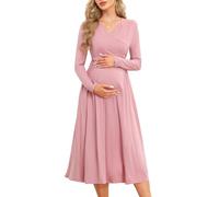 AISWI Damen Umstandskleid 2024 mit Herbst-Patchwork, lange Ärmel, V-Ausschnitt, Midi-Schwangerschaftskleid mit Taschen, M