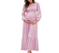 AISWI Damen Umstandskleid Maxikleid mit Gürtel Langarm Rundhals Schwangerschaftskleider mit Taschen Babyparty Fotoshooting, Helles Pink, XX-Large