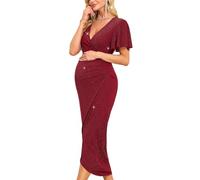 AISWI Damen-Umstandskleid, Wickelkleid, V-Ausschnitt, Rüschenärmel, halbformell, Babyparty, Fotoshooting, Party, Cocktail, Schwangerschaft, Glitzerndes Dunkelrot, Groß