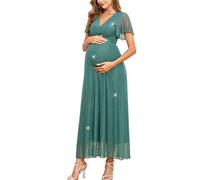 AISWI Glitzerndes Netz-Maxikleid Umstandskleid mit Rüschenärmeln, V-Ausschnitt, fließende Schwangerschaftskleider, Babyparty, formelles Fotoshooting, L