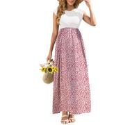 AISWI Lässiges Umstandskleid mit Taschen, Flügelärmel, gerippt, Rundhalsausschnitt, A-Linie, Schwangerschaftskleid, Maxikleid, Babyparty, Weiß und Rot mit Blumenmuster, Mittel