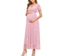 AISWI Langes Umstandskleid aus glänzendem Netzstoff, Rüschenärmel, V-Ausschnitt, für Schwangerschaft, Babyparty, Fotoshooting, formell, Rosa, XL