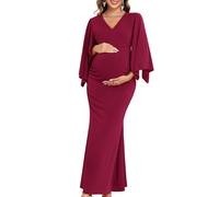 AISWI Maxi-Umstandskleid mit Blumen-Schärpe, halbformell, Babyparty, Hochzeitsgast, V-Ausschnitt, Taschentuchärmel, elegant, 3. Burgunderrot, ohne Blumen, lange Ärmel, Mittel
