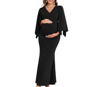 AISWI Maxi-Umstandskleid mit Blumen-Schärpe, halbformell, Babyparty, Hochzeitsgast, V-Ausschnitt, Taschentuchärmel, elegant, 3. Schwarz, ohne Blume, lange Ärmel, Mittel