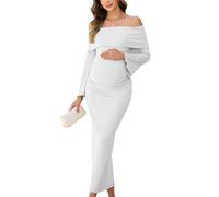 AISWI Schulterfreies Umstandskleid, Glockenärmel, gerüscht, figurbetont, Maxi, elegant, Schwangerschaftskleid, Babyparty, Fotoshooting, Weiss/opulenter Garten, X-Groß