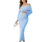 AISWI Schulterfreies Umstandskleid, Glockenärmel, gerüscht, figurbetont, Maxi, elegant, Schwangerschaftskleid, Babyparty, Fotoshooting, Blau, Groß