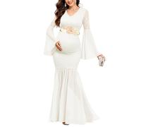 AISWI Umstandskleid für Babyparty, lange Glockenärmel, Blumenspitze, Kontrast, Chiffon, V-Ausschnitt, Meerjungfrauen-Kleid für Fotoshootings, Ohne Gürtel, Weiß, X-Groß