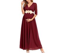 AISWI Umstandskleid mit 3/4-Ärmeln, Blattspitze, Kontrast-Chiffon, V-Ausschnitt, Wickeln, A-Linie, fließendes Schwangerschaftskleid für Babyparty, Dunkelrot, ohne Gürtel, Groß