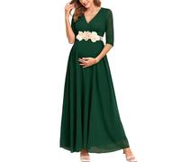 AISWI Umstandskleid mit 3/4-Ärmeln, Blattspitze, Kontrast-Chiffon, V-Ausschnitt, Wickeln, A-Linie, fließendes Schwangerschaftskleid für Babyparty, Grün, ohne Gürtel, Mittel