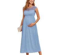 AISWI Umstandskleid mit Spitzenbesatz, ärmellos, A-Linie, Rundhalsausschnitt, Midi, Schwangerschaftskleider, Babyparty, Fotoshooting, lässig, Blau, Mittel