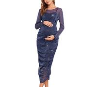 AISWI Umstandskleid, Netzstoff, gerüscht, an der Seite, Rundhalsausschnitt, Schwangerschaftskleider, Babyparty, Hochzeit, Gast, Cocktailparty, Herbst 2025, Glitzerndes Marineblau, Größe Kleiner