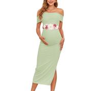 AISWI Umstandskleid, Netzstoff, schulterfrei, gerüscht, figurbetont, Schwangerschaftskleid, Babyparty, Fotoshooting, ohne Gürtel, Salbeigrün, Groß