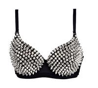 Aiuem Damen reizvolle Büstenhalter-Punk-Leistung Goldmetallische Nieten verzierte Strappy reizvolle BH (M, Silber)