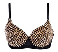 Aiuem Damen reizvolle Büstenhalter-Punk-Leistung Goldmetallische Nieten verzierte Strappy reizvolle BH (S, Gold)