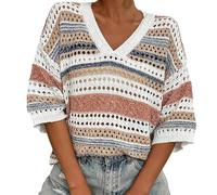 Ajour Pullover Damen Sommer , Häkelpullover - Schräger Kragen Häkel Oberteil Mesh Strick 3/4 Ärmel Festival Outfit Netzshirt V-Ausschnitt Leicht Strickshirt Crochet Top Hollow Out Mehrfarbig S