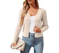 Ajour Strickjacke Damen Strickweste für Oktoberfest Kurz Trachtenjacke mit Knöpfen Dünne Übergangsjacke Langarm Strickmantel V Ausschnitt Leichte Cardigan Sommer L A Beige
