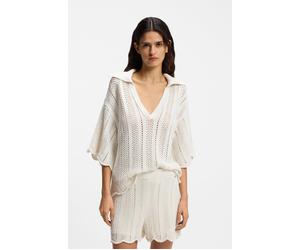 Ajourpullover BOSS ORANGE "Fordeaux Premium Damenmode", Damen, Gr. L, open weiß 118, Strick, Obermaterial: 75% Baumwolle, 25% Polyamid, unifarben, relaxed fit hüftbedeckend, V-Ausschnitt, gewellter Ab