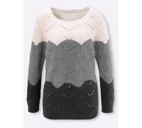 Ajourpullover CLASSIC BASICS "Rundhals-Pullover", Damen, Gr. 46, grau (anthrazit, ecru, gemustert), 100% Baumwolle, gemustert, mehrfarbig, Pullover (99218546-46) anthrazit, ecru, gemustert