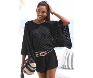 Ajourpullover FRENCH CONNECTION "mit extraweiten Fledermausärmeln", Damen, Gr. 44/46, schwarz, Strick, Obermaterial: 50% Baumwolle, 50% Polyacryl, unifarben, figurumspielend taillenbedeckt, Rundhals,