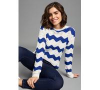 Ajourpullover KANGAROOS, Damen, Gr. 44/46, blau (blau, weiß), Feinstrick, Obermaterial: 100% Baumwolle, figurumspielend hüftlang, Rundhals, Rippstrickbündchen, Pullover, aus Baumwolle, mit Rundhalsaus
