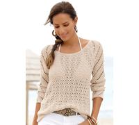 Ajourpullover LASCANA, Damen, Gr. 32/34, beige (sand), Strick, Obermaterial: 100% Polyacryl, figurumspielend hüftlang, Rundhals, Raglanärmel, Pullover, mit tollem Lochstrickmuster, Strandpullover, lei