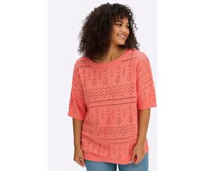 Ajourpullover SHEEGO "Kurzarm-Pullover", Damen, Gr. 48/50, koralle, 100% Baumwolle, gemustert, unifarben, Pullover (30651462-48) koralle