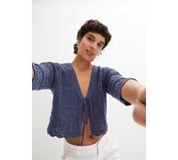 Ajourstrickjacke BONPRIX "Ajour-Bolero", Damen, Gr. 40/42 (M), blau (indigo), Strick, Obermaterial: 50% Baumwolle, 50% Polyacryl, unifarben, bequem taillenlang, V-Ausschnitt, weit Strickkante, Strickj