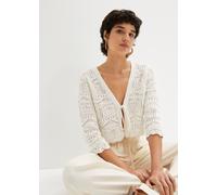 Ajourstrickjacke BONPRIX "Ajour-Bolero", Damen, Gr. 40/42 (M), weiß, Strick, Obermaterial: 50% Baumwolle, 50% Polyacryl, unifarben, bequem taillenlang, V-Ausschnitt, weit Strickkante, Strickjacken Ajo