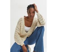 Ajourstrickjacke BONPRIX, Damen, Gr. 36/38 (S), beige (kieselbeige), Strick, Obermaterial: 100% Baumwolle, gemustert, unifarben, oversize hüftbedeckend, tiefer V-Ausschnitt, Strickbündchen, Strickjack