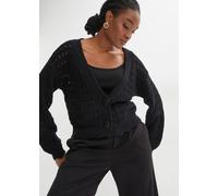 Ajourstrickjacke BONPRIX, Damen, Gr. 40/42 (M), schwarz, Strick, Obermaterial: 100% Baumwolle, gemustert, unifarben, oversize hüftbedeckend, tiefer V-Ausschnitt, Strickbündchen, Strickjacken Ajourstri