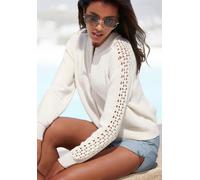 Ajourstrickjacke VIVANCE, Damen, Gr. 40/42, beige (creme), Strick, Obermaterial: 50% Baumwolle, 50% Polyester, unifarben, figurumspielend hüftlang, Rundhals, Strickjacken Ajourstrickjacke, mit Häkelde