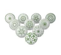 Ajuny 10er Set Keramik Knöpfe - Grün Weiß, Bedruckt, Handgefertigte Schrankknöpfe für Küche, Bad, Kommode, Schubladen, Schrank, Dekorative Keramikgriffe, Möbelgriffe Set