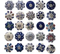 Ajuny 25er Set Keramikknöpfe - Handbemalte Möbelknöpfe in Blau & Bunt für Küchenschränke, Badezimmer, Kommoden & Schubladen - Dekorative Griffe/Knöpfe aus Keramik, Vintage Boho