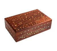 Ajuny Handgeschnitzte Dekorative Schmuck Aufbewahrungsbox aus Holz mit Floralem Vintage Messing Inlay Mehrzweck Aufbewahrung Organizer Reise Schatztruhe Schmuckhalter Tolle Geschenke, 8x5 Zoll