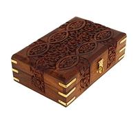 Ajuny Handgeschnitzte Holz-Schmuckbox mit Blumen- und Messingeinlage, Dekorative Aufbewahrungsbox & Andenkenkiste, Handgefertigter Organizer für Schmuck, Uhren, Erinnerungen & Geschenke, 8 x 5 Zoll