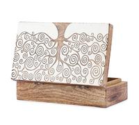 Ajuny Handgeschnitzte Lebensbaum-Schmuckbox aus Holz, Dekorative Aufbewahrungs- & Erinnerungsbox im Vintage-Stil, Handgefertigte Schatztruhe für Schmuck, Uhren & Reisesouvenirs, Weiß/Braun 8 x 5 Zoll