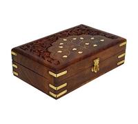 Ajuny Handgeschnitzte Schmuckschatulle aus Holz Messingeinlage & Blumenmuster Dekorative Aufbewahrungs & Andenkenbox Mehrzweck-Organizer für Schmuck Uhren & Erinnerungen Vintage Geschenkidee 8X5 Zoll