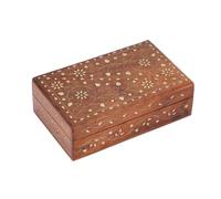 Ajuny Holz Schmuckbox Floral Messing Inlay Handgeschnitzt 8x5 Zoll Vintage