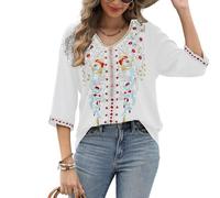 AK Damen Boho Bestickte Tops 3/4 Ärmel Mexikanische Bauernhemden Böhmen Lose Tunika Blusen, Weiß-829, Klein