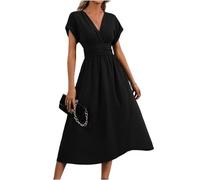 AKAILY Sommerkleid Damen Sommer Kleider V-Ausschnitt Fledermaus Ärmel Taille Plissee Kleid Casual Wrap High Kleid-schwarz-m