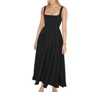 AKAILY Sommerkleid Damen Sommerkleider Quadrathals Hals Einfaches Kleid Casual Slim Midi Kleid-schwarz-l
