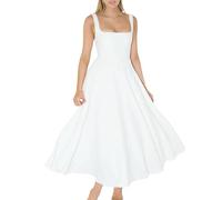 AKAILY Sommerkleid Damen Sommerkleider Quadrathals Hals Einfaches Kleid Casual Slim Midi Kleid-weiß-XL