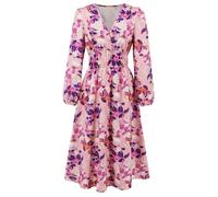 AKAILY Sommerkleid Damen Sommerkleider V-Ausschnitt Laternenärmel Taille Print Kleid Bohemian Stil Midikleid-pink-XXL