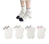 AKAMAS 4 Paar Damensocken,Rüschen-Socken für Mädchen,Salat Trimmed Lustige Socken,Atmungsaktive Baumwollsocken Sneaker socken,Liebessocken,Gestreifte Socken,Polka-Dot-Socken,Wellensocken Weiß